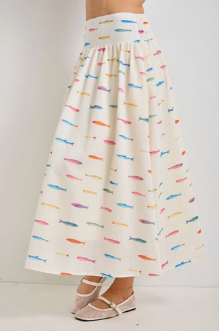 Multi-Colored Fish Print Midi Skirt