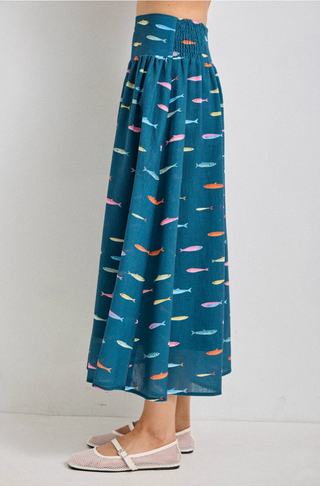 Multi-Colored Fish Print Midi Skirt