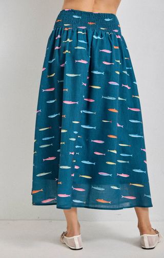 Multi-Colored Fish Print Midi Skirt