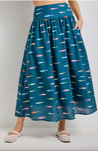 Multi-Colored Fish Print Midi Skirt