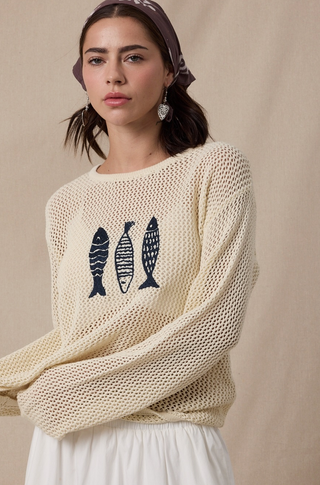Embroidered Fish Trio Open-Knit Sweater
