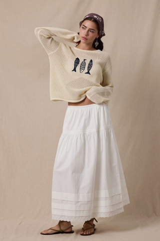 Embroidered Fish Trio Open-Knit Sweater