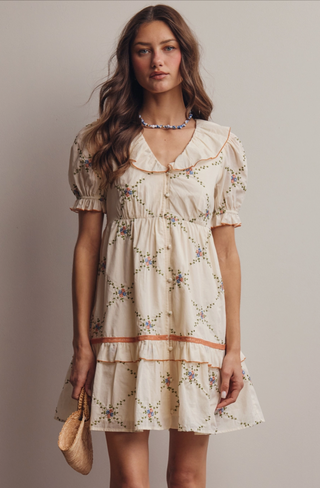 Vintage Inspired Embroidered Babydoll Mini Dress