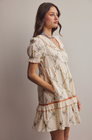 Vintage Inspired Embroidered Babydoll Mini Dress Ecru / L
