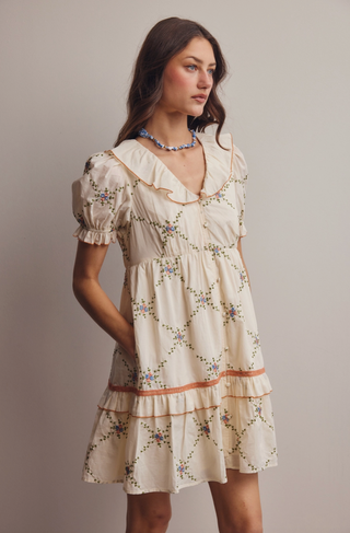 Vintage Inspired Embroidered Babydoll Mini Dress