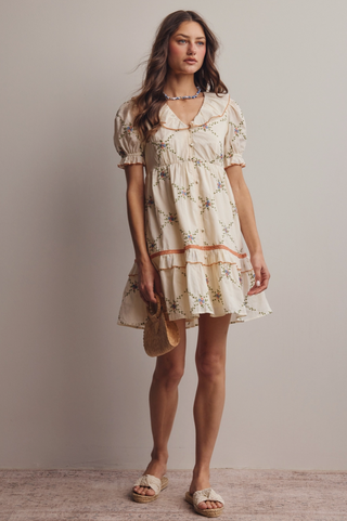 Vintage Inspired Embroidered Babydoll Mini Dress
