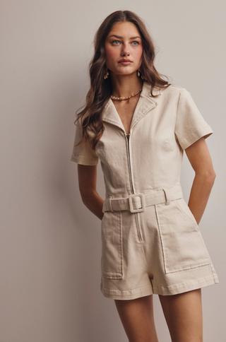 Zip-Front Belted Cotton Twill Romper