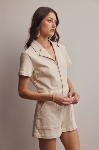 Zip-Front Belted Cotton Twill Romper