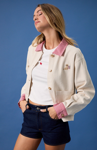 Embroidered Dog Cropped Barn Jacket