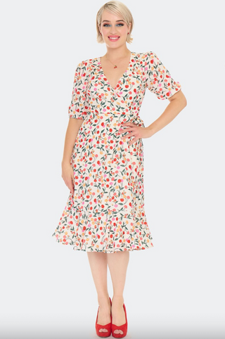 Floral Cherry Print Wrap Midi Dress