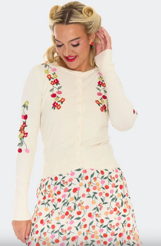 Floral Cherry Embroidered Knit Cardigan