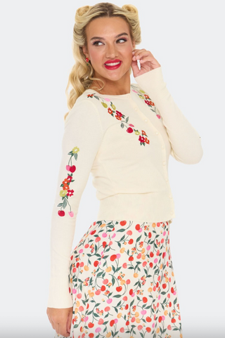 Floral Cherry Embroidered Knit Cardigan