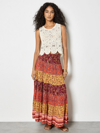 Boho Patchwork Print Tiered Maxi Skirt