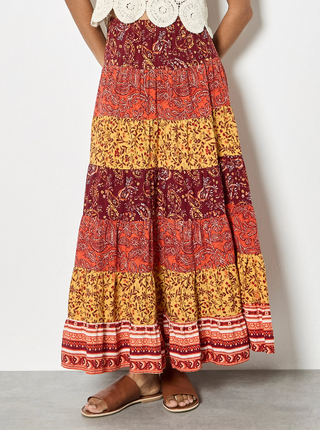 Boho Patchwork Print Tiered Maxi Skirt