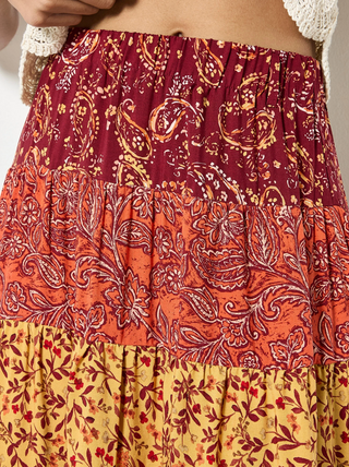 Boho Patchwork Print Tiered Maxi Skirt