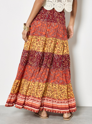 Boho Patchwork Print Tiered Maxi Skirt