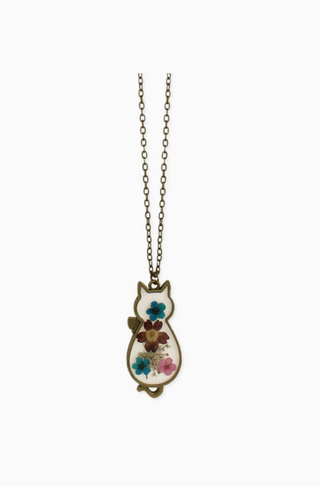 Vintage Floral Feline Dried Flower Cat Necklace