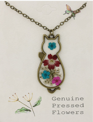 Vintage Floral Feline Dried Flower Cat Necklace