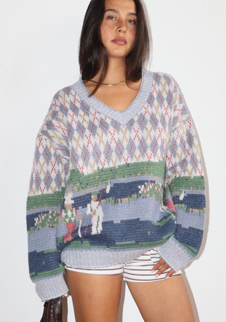 V-neck Golf Print Argyle Knit Sweater