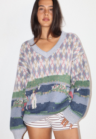 V-neck Golf Print Argyle Knit Sweater