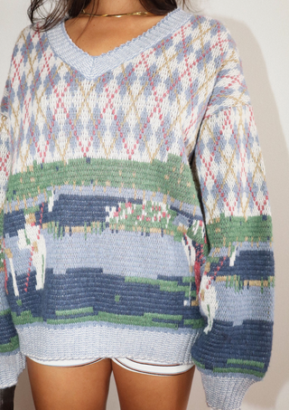 V-neck Golf Print Argyle Knit Sweater