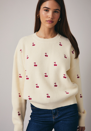 Embroidered Cherry Ribbed Knit Sweater