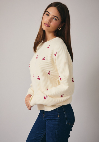 Embroidered Cherry Ribbed Knit Sweater