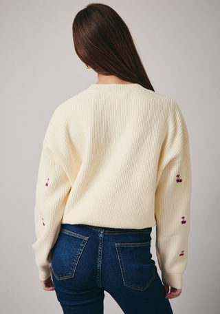 Embroidered Cherry Ribbed Knit Sweater