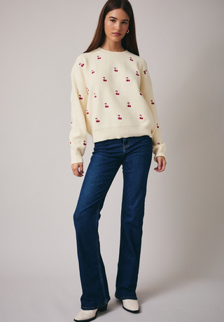 Embroidered Cherry Ribbed Knit Sweater