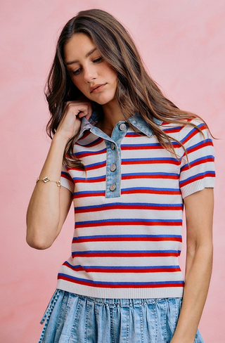 Denim Collar Stripe Knit Sweater Top