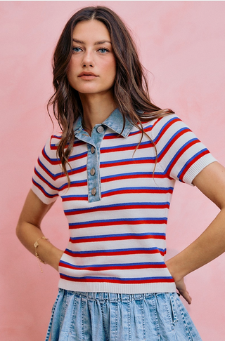 Denim Collar Stripe Knit Sweater Top