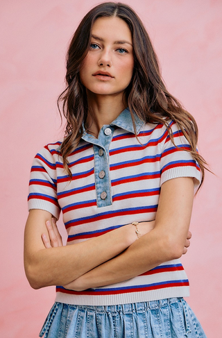 Denim Collar Stripe Knit Sweater Top