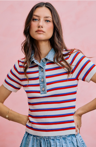 Denim Collar Stripe Knit Sweater Top