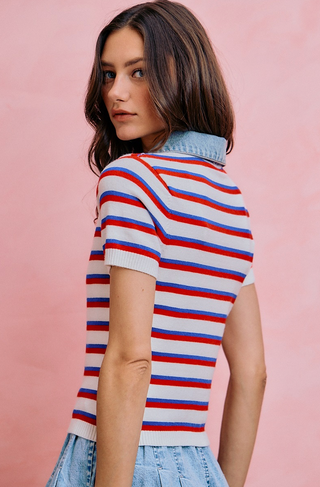 Denim Collar Stripe Knit Sweater Top