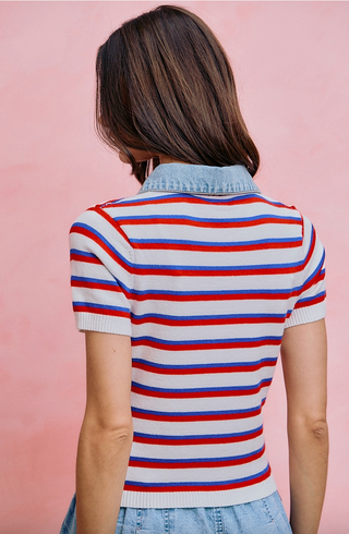 Denim Collar Stripe Knit Sweater Top