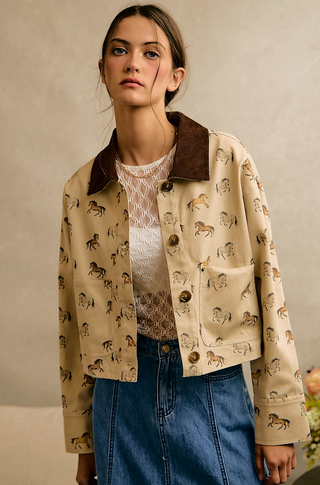 Horse Print Cropped Barn Jacket