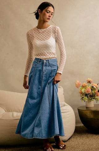Pleated Denim Washed Maxi Skirt