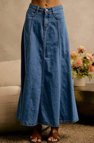 Pleated Denim Washed Maxi Skirt