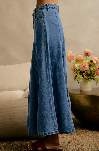 Pleated Denim Washed Maxi Skirt