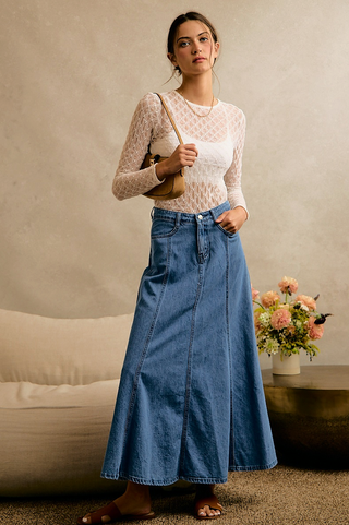 Pleated Denim Washed Maxi Skirt