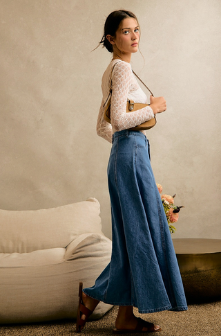Pleated Denim Washed Maxi Skirt