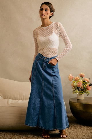 Pleated Denim Washed Maxi Skirt