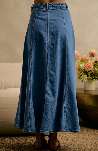 Pleated Denim Washed Maxi Skirt