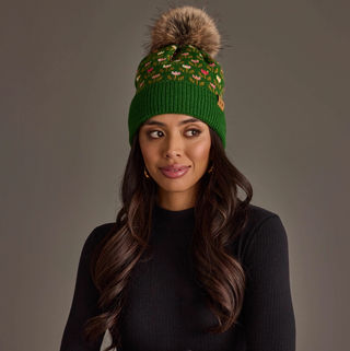 Tulip Patterned Fleece Lined Knit Pom Pom Hat