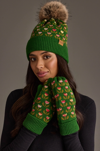 Tulip Patterned Fleece Lined Knit Pom Pom Hat
