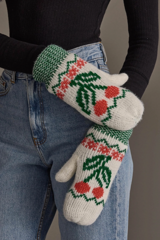 Cherry Patterned Fleece Lined Knit Mittens