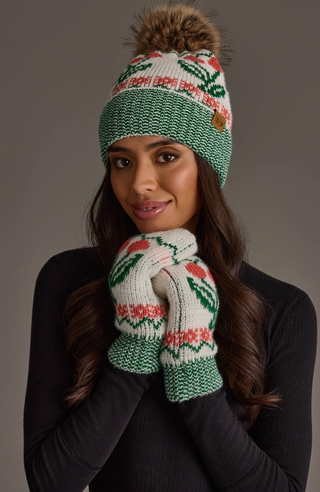 Cherry Patterned Fleece Lined Knit Mittens