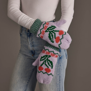 Cherry Patterned Fleece Lined Knit Mittens