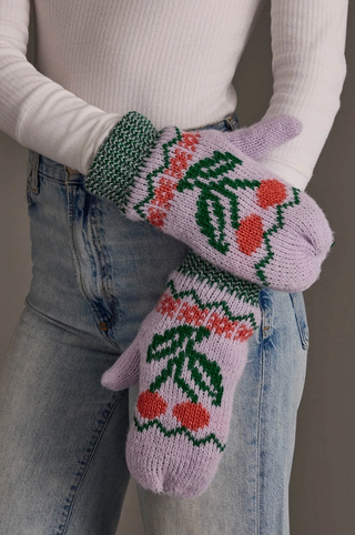 Cherry Patterned Fleece Lined Knit Mittens