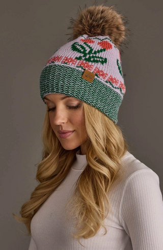 Cherry Patterned Fleece Lined Knit Pom Pom Hat